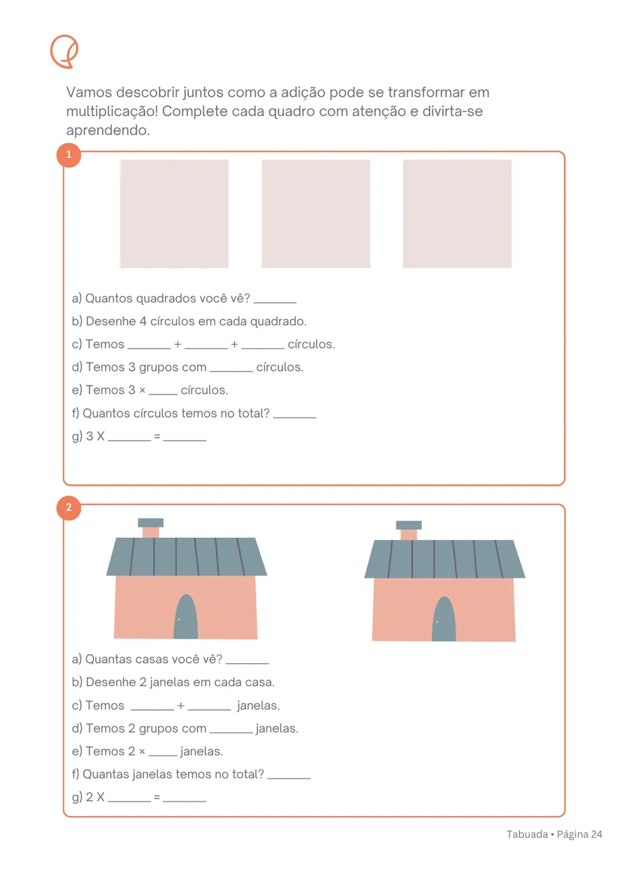 Página do livro de atividades com exercícios de multiplicação